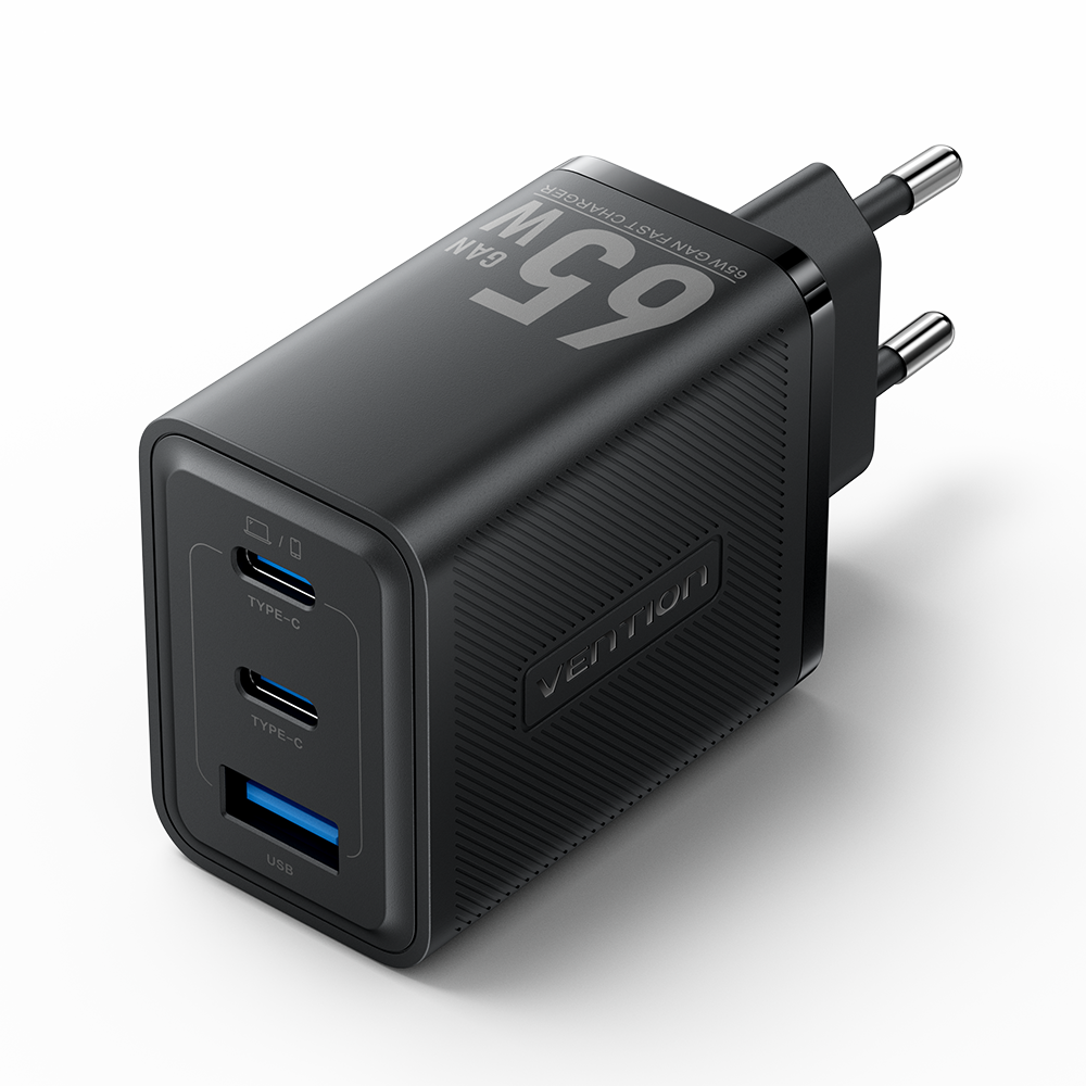 3 portos USB (C + C + A) GaN gyorstöltő (65W/65W/60W), fekete színben
