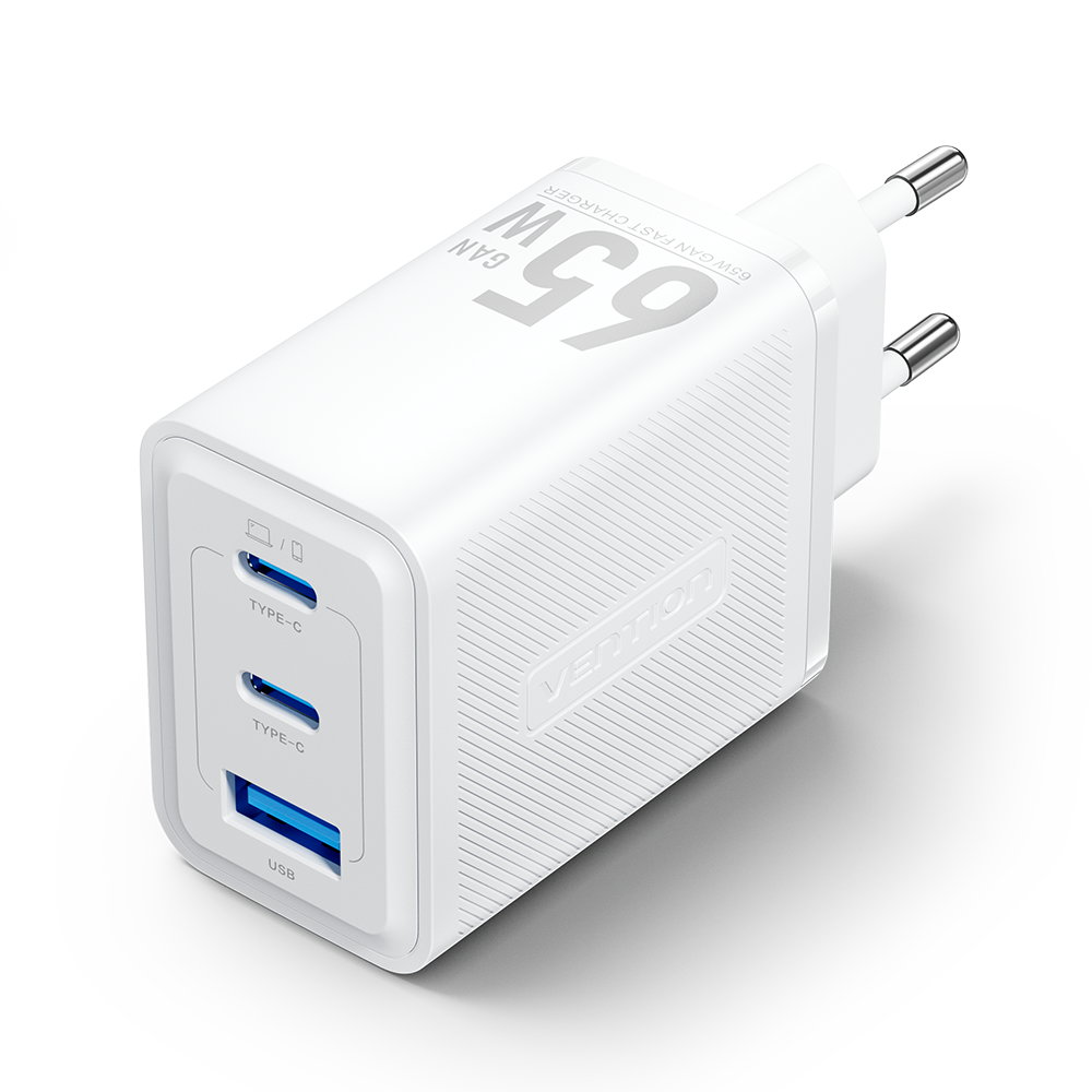 3 portos USB (C + C + A) GaN gyorstöltő (65W/65W/60W), fehér színben (másolat)